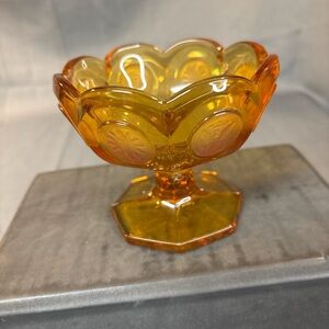 Vintage Fostoria amber coin glass jelly compote or candy dish 4” x 4”